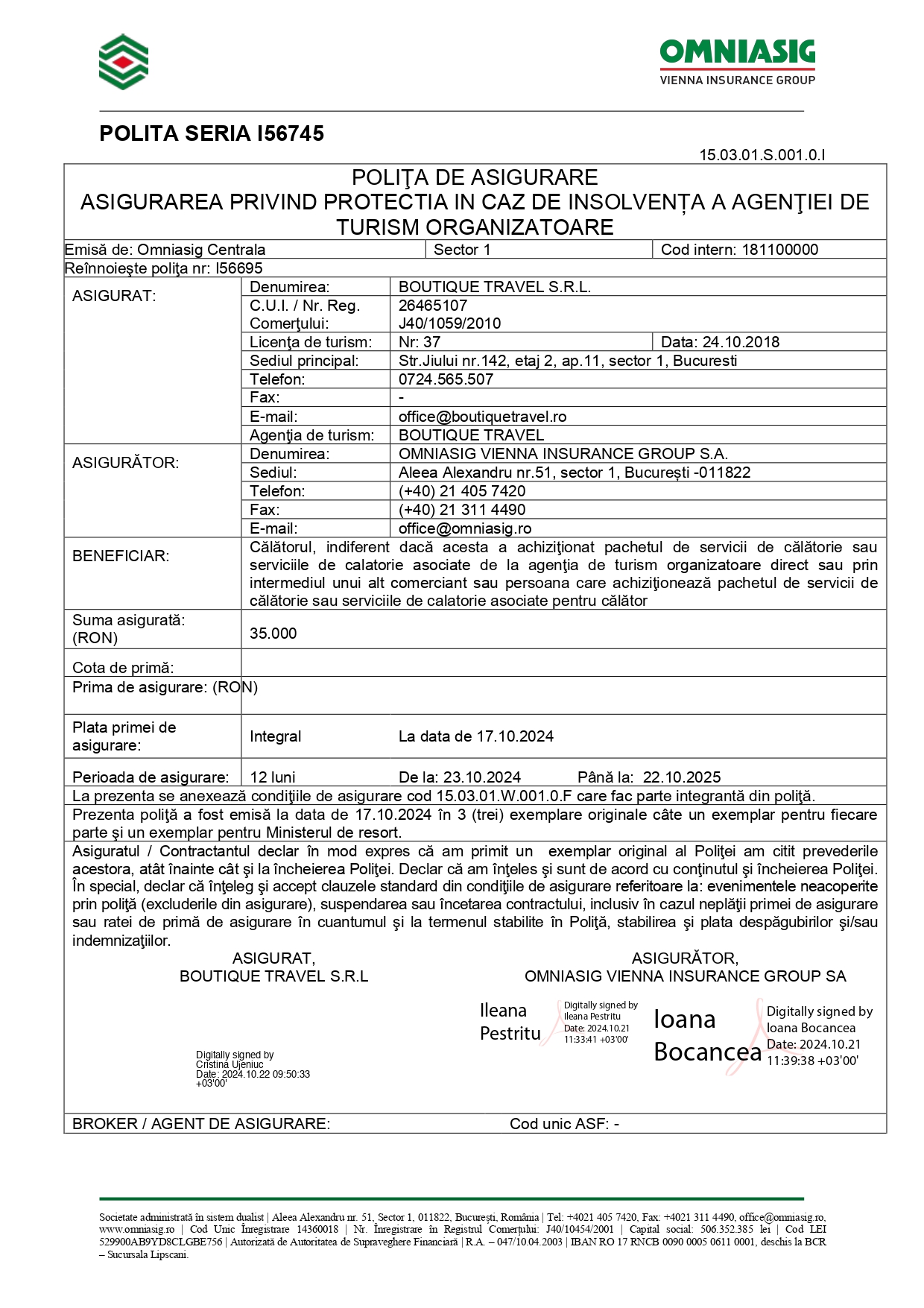 Poliță de asigurare Boutique Travel